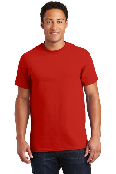 Man wearing a red Gildan 2000 Adult Ultra Cotton&reg; T-Shirt, showcasing a classic fit and vibrant color, ideal for custom apparel and merchandise.