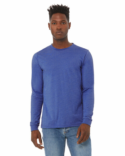 Unisex model wearing a long-sleeve blue CVC jersey t-shirt from Bella + Canvas, showcasing soft fabric and retail fit.