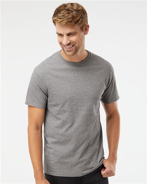 Man wearing a gray short sleeve t-shirt, showcasing a casual style relevant to Hanes apparel offerings.