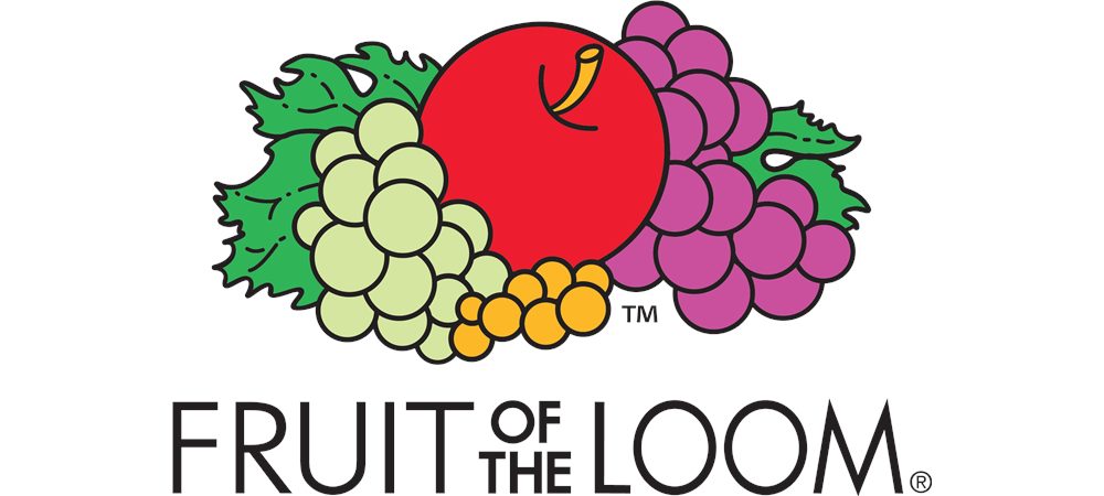 Fruit of the Loom logo featuring a red apple and green and purple grapes, representing the brand's identity in custom apparel and merchandise.