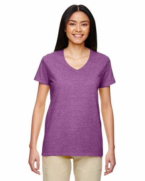 Woman wearing a purple v-neck t-shirt from Hanes, showcasing the soft-washed fabric and retail fit, ideal for custom apparel.