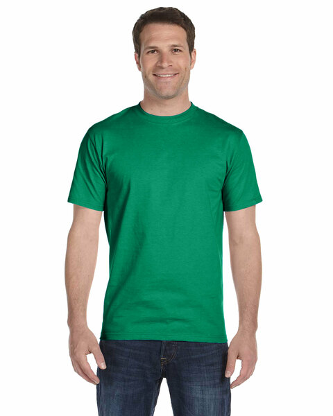 Man wearing a vibrant green Hanes t-shirt, showcasing the apparel's retail fit and soft fabric, relevant to Hau Ink's collection of custom merchandise.